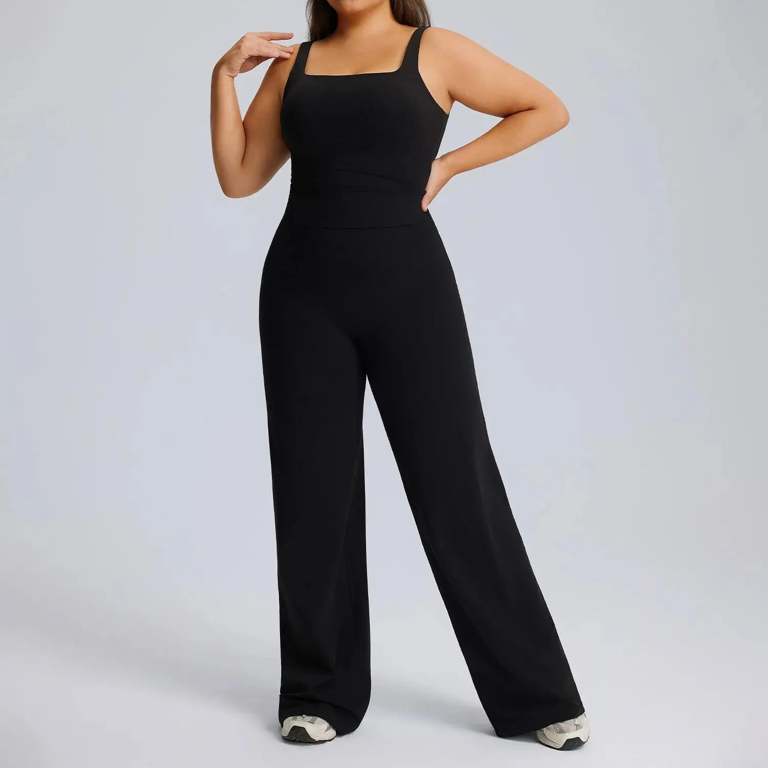 Ensemble Fitness Femme Grande Taille Col Carré - Haut Sans Manches et Pantalon Évasé