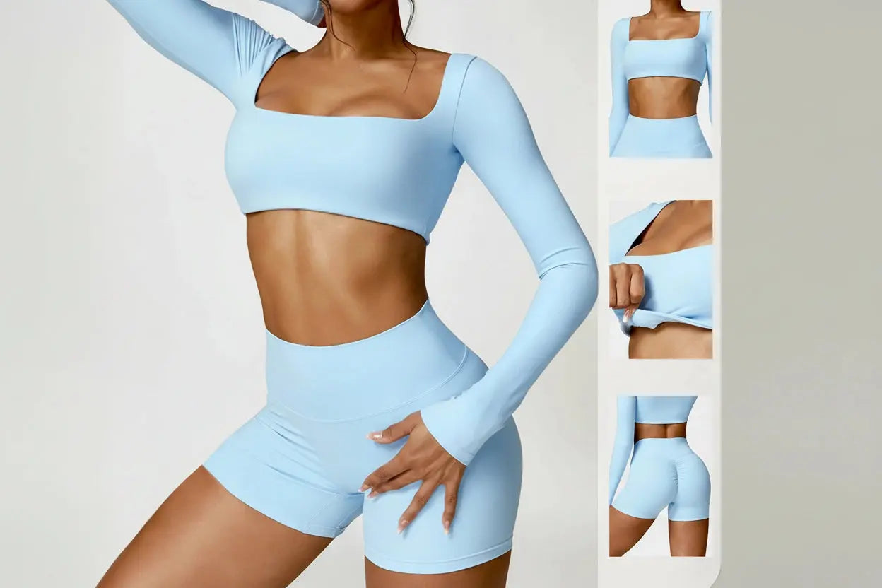 Ensemble Sport Femme 2 Pièces - Soutien-Gorge à Manches Longues et Short Taille Haute - 004