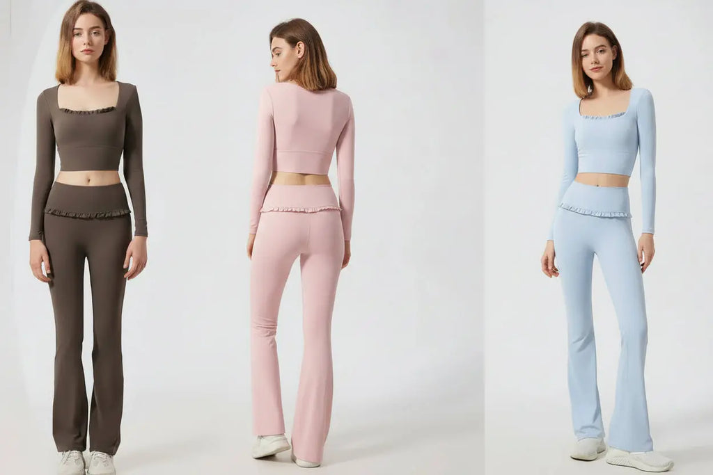 Ensemble de Yoga Femme en Dentelle Col Carré - Top à Manches Longues et Pantalon Évasé