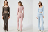 Ensemble de Yoga Femme en Dentelle Col Carré - Top à Manches Longues et Pantalon Évasé