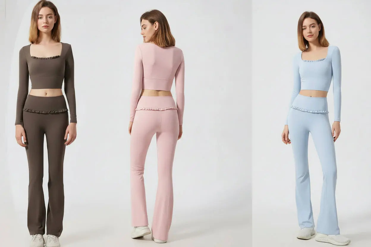 Ensemble de Yoga Femme en Dentelle Col Carré - Top à Manches Longues et Pantalon Évasé