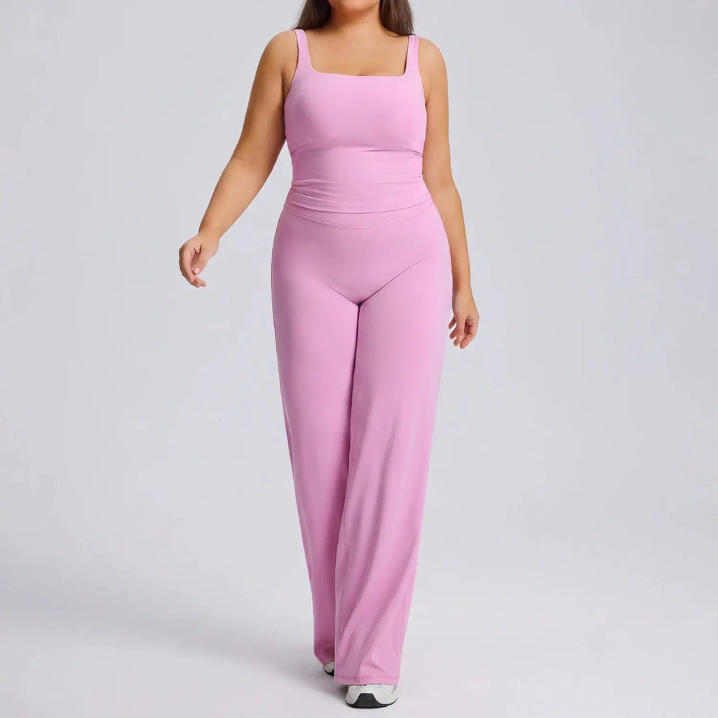 Ensemble Fitness Femme Grande Taille Col Carré - Haut Sans Manches et Pantalon Évasé