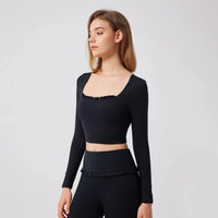 Ensemble de Yoga Femme en Dentelle Col Carré - Top à Manches Longues et Pantalon Évasé