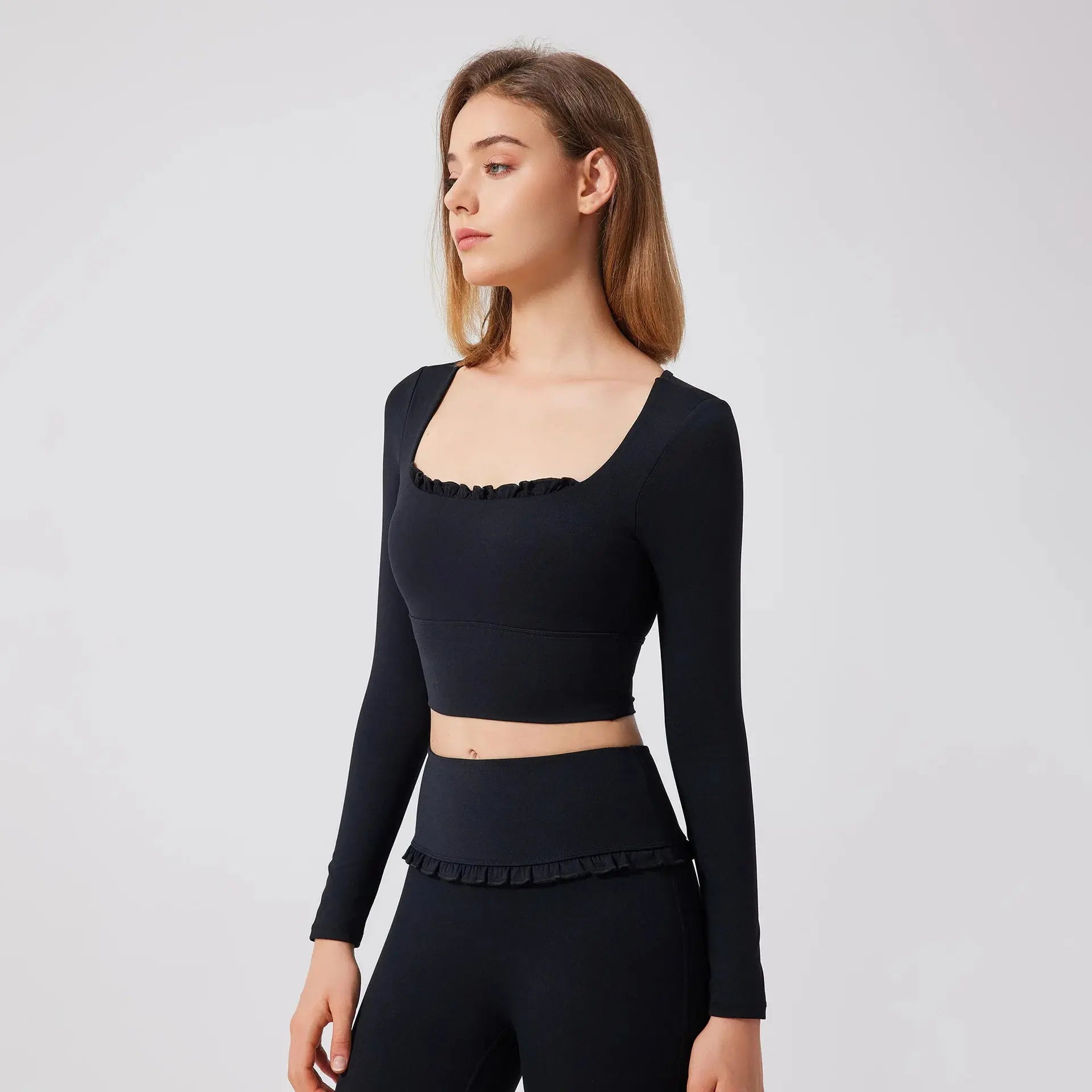 Ensemble de Yoga Femme en Dentelle Col Carré - Top à Manches Longues et Pantalon Évasé
