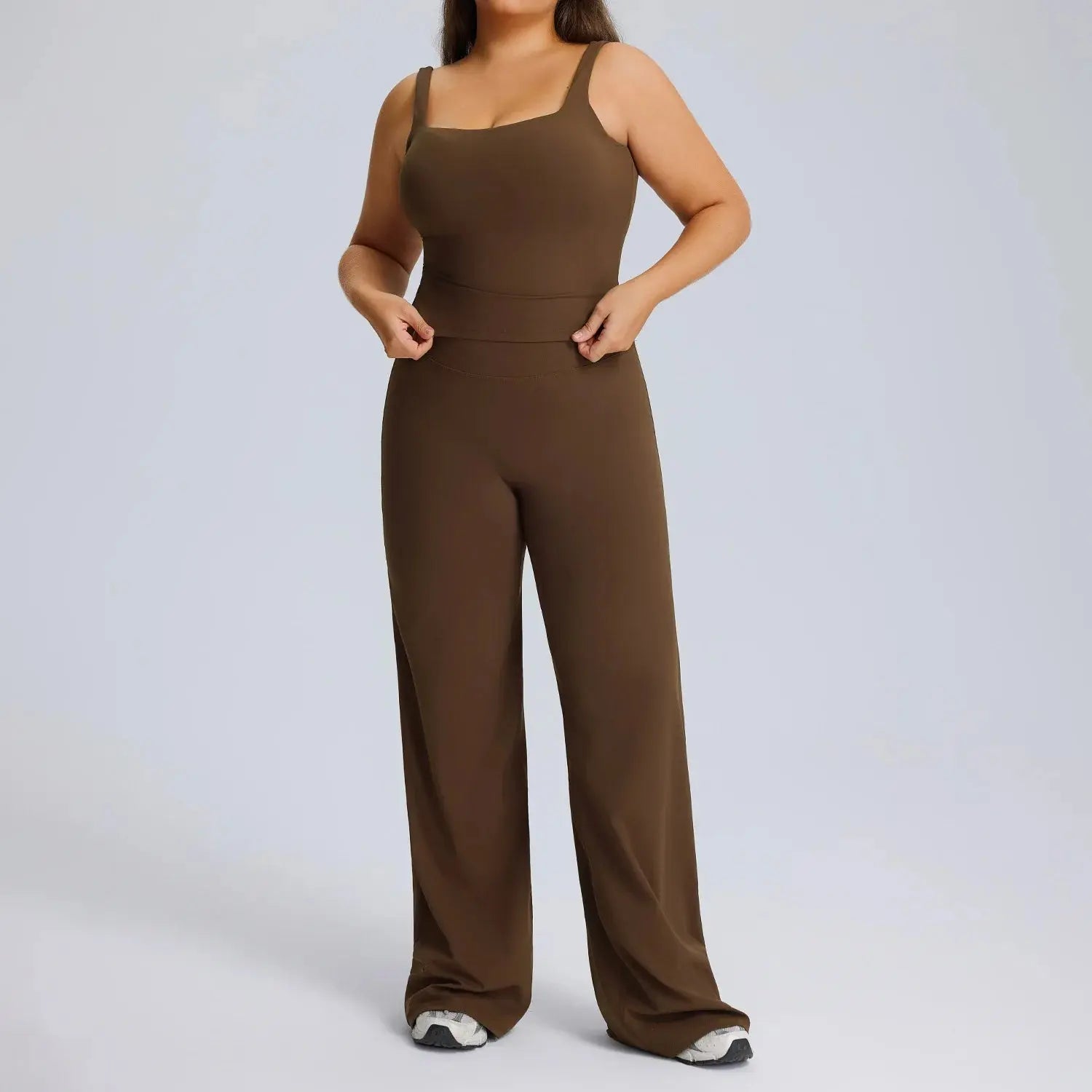 Ensemble Fitness Femme Grande Taille Col Carré - Haut Sans Manches et Pantalon Évasé