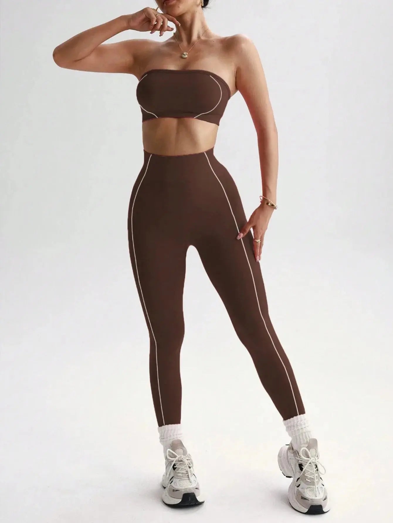 Ensemble Yoga Femme 2 Pièces - Soutien-Gorge Sans Bretelles et Legging Taille Haute