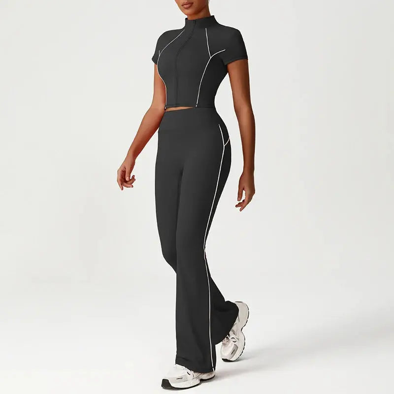 Ensemble de Yoga 2 Pièces avec Zip Court à Blocs de Couleurs pour Femme