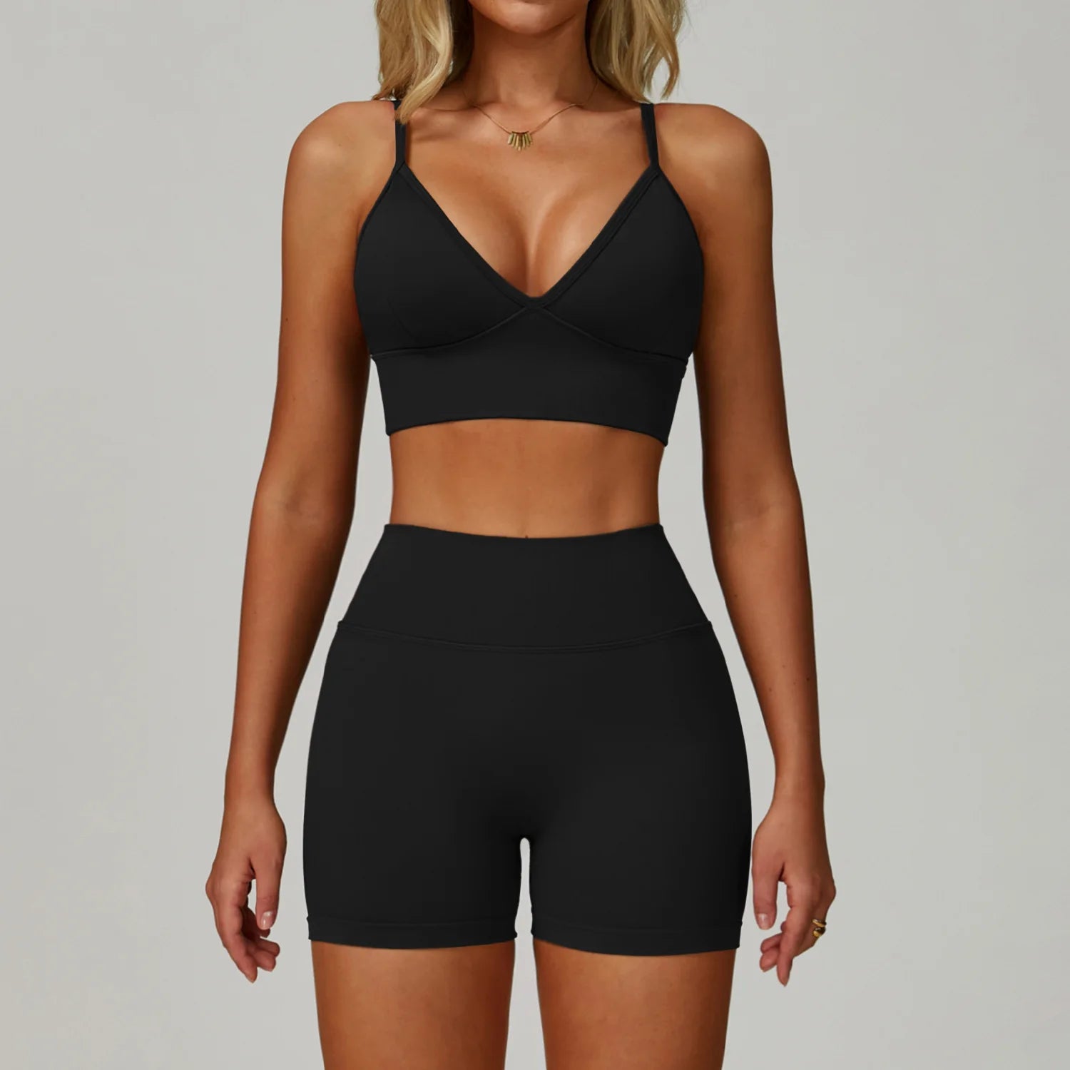 Ensemble Yoga Femme 2 Pièces Sans Couture - Débardeur Col V et Short Taille Haute - Yes7790-WXDK