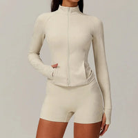 Ensemble Yoga Femme 2 Pièces - Veste Zip Col Montant et Short Taille Haute