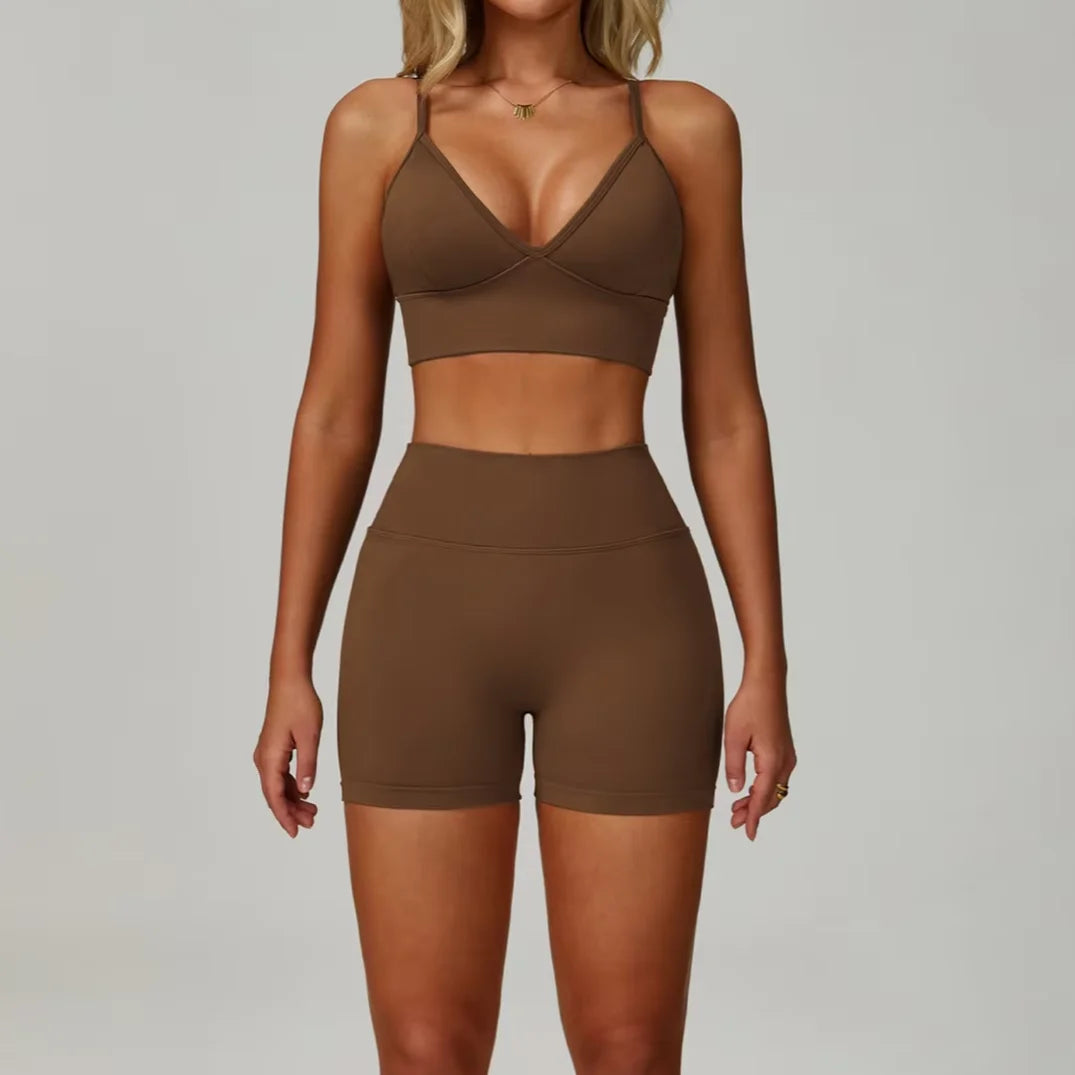Ensemble Yoga Femme 2 Pièces Sans Couture - Débardeur Col V et Short Taille Haute - Yes7790-WXDK