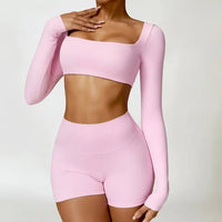 Ensemble Sport Femme 2 Pièces - Soutien-Gorge à Manches Longues et Short Taille Haute - 004