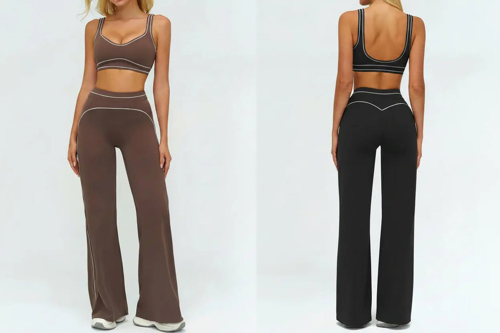 Ensemble Fitness Femme Color Block Sans Manches - Dos Nu et Pantalon Évasé