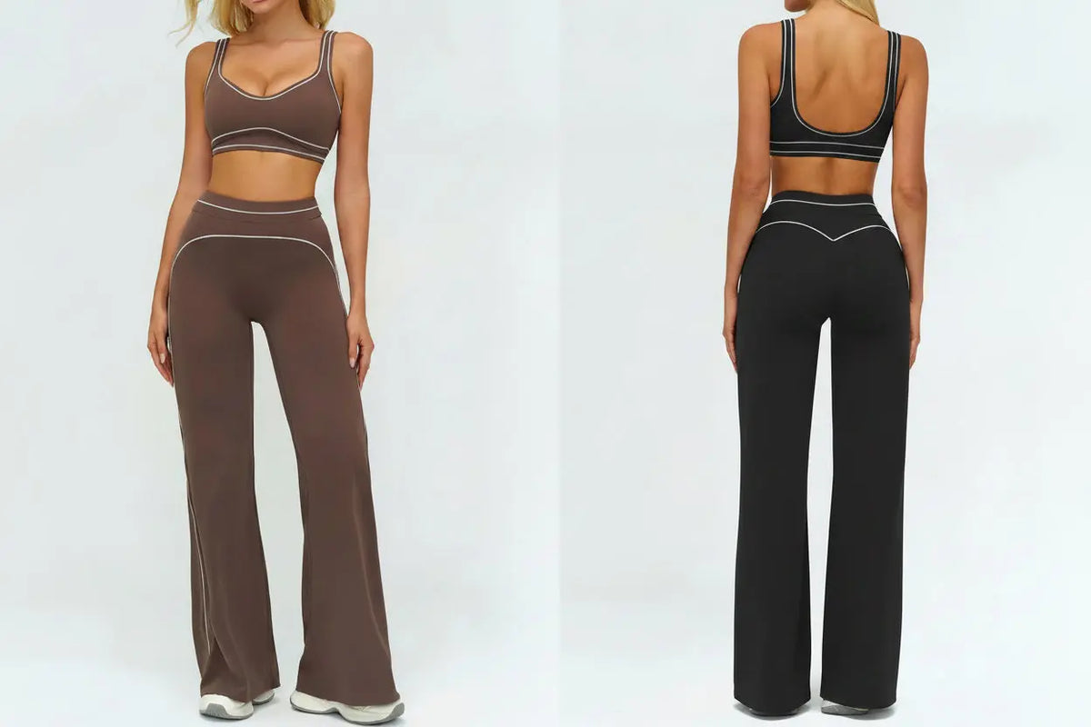 Ensemble Fitness Femme Color Block Sans Manches - Dos Nu et Pantalon Évasé