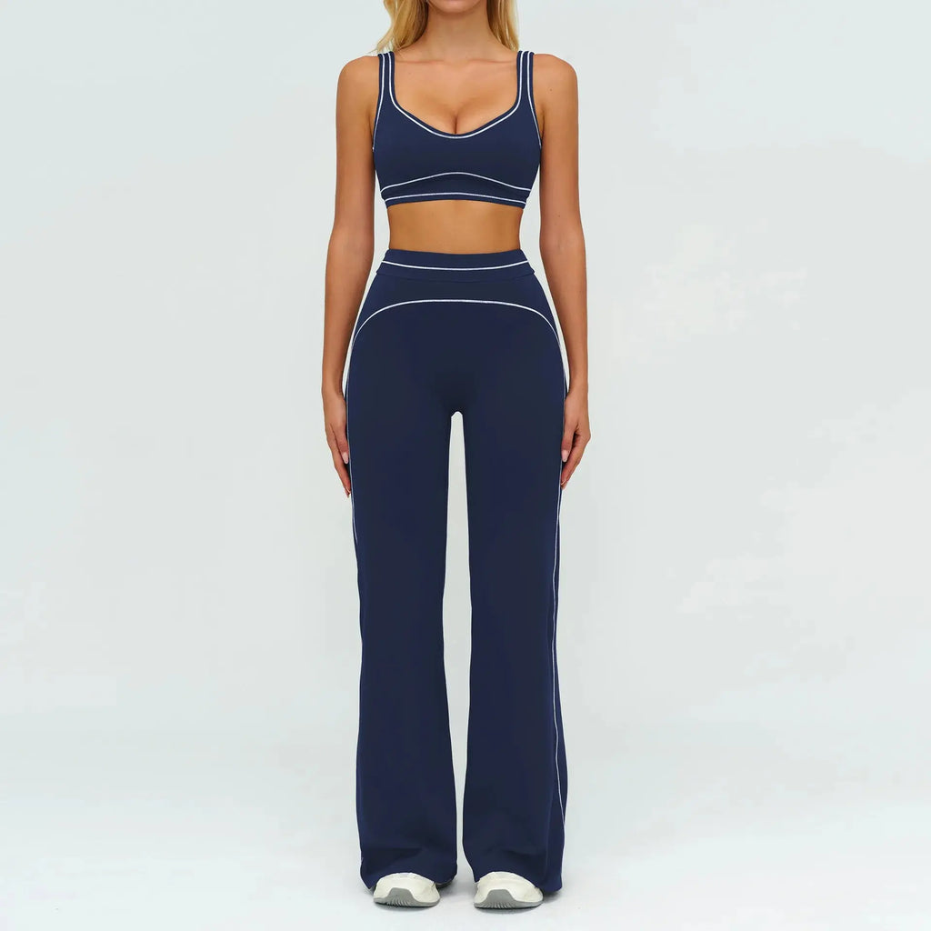 Ensemble Fitness Femme Color Block Sans Manches - Dos Nu et Pantalon Évasé