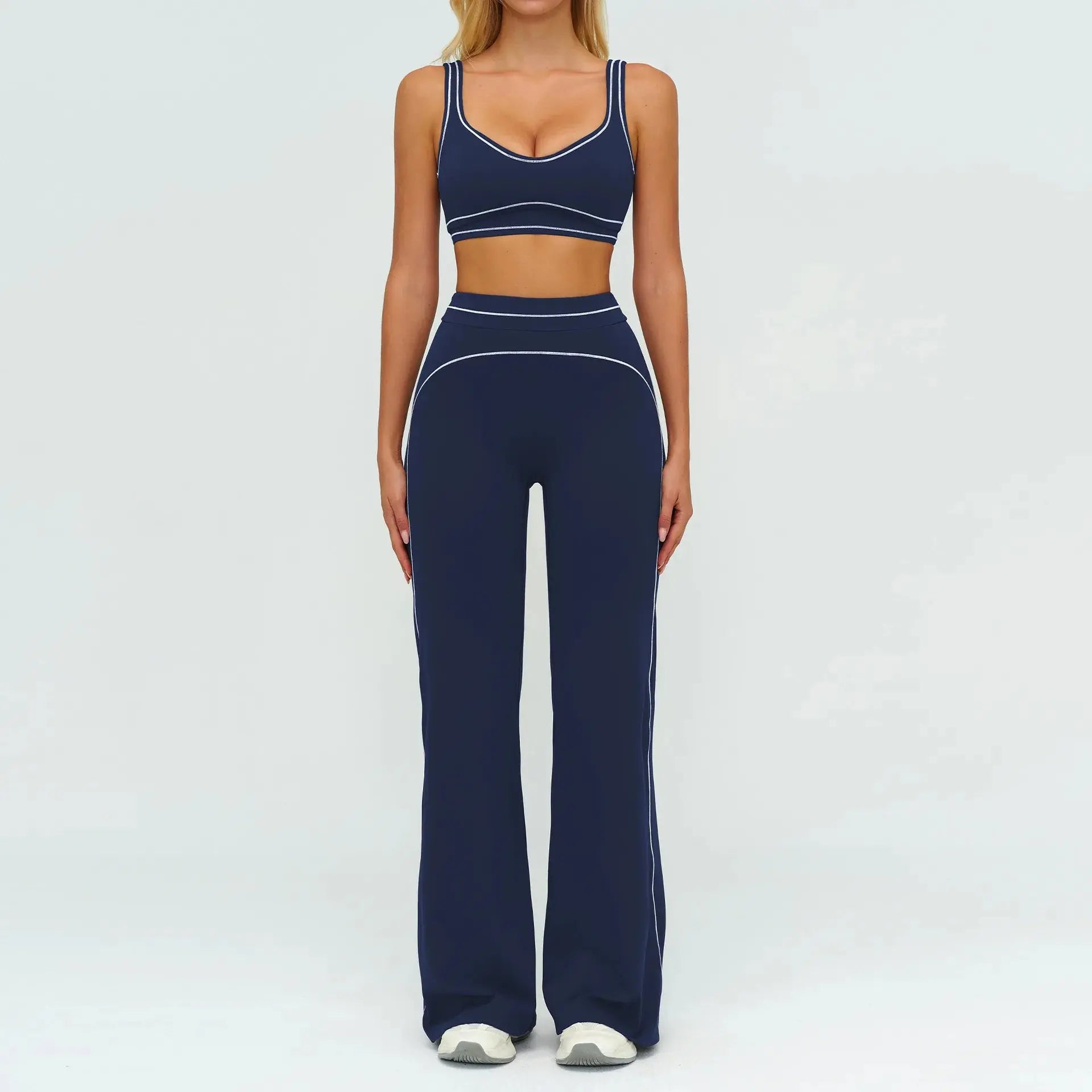 Ensemble Fitness Femme Color Block Sans Manches - Dos Nu et Pantalon Évasé