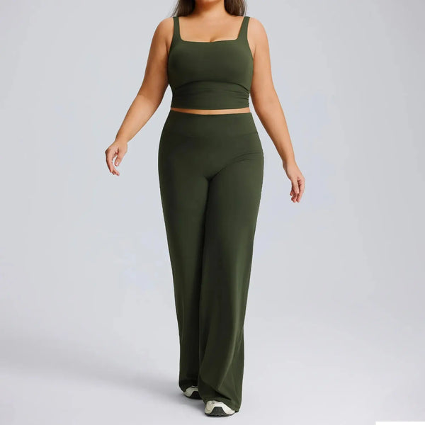 Ensemble Fitness Femme Grande Taille Col Carré - Haut Sans Manches et Pantalon Évasé