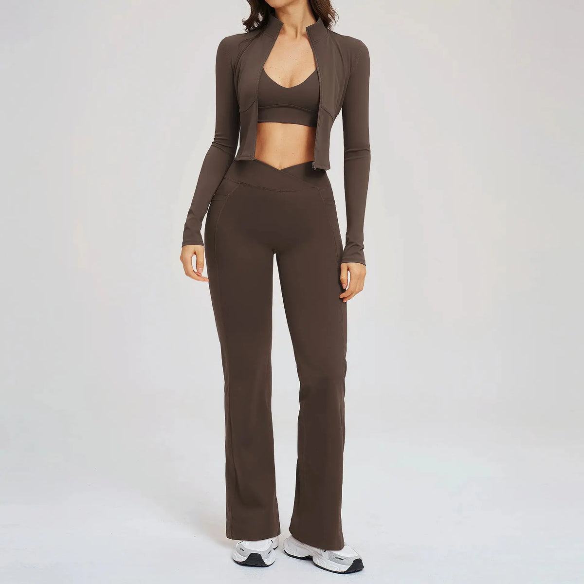 Ensemble Yoga Femme 3 Pièces - Veste Crop Manches Longues et Pantalon Large Taille Haute