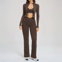Ensemble Yoga Femme 3 Pièces - Veste Crop Manches Longues et Pantalon Large Taille Haute