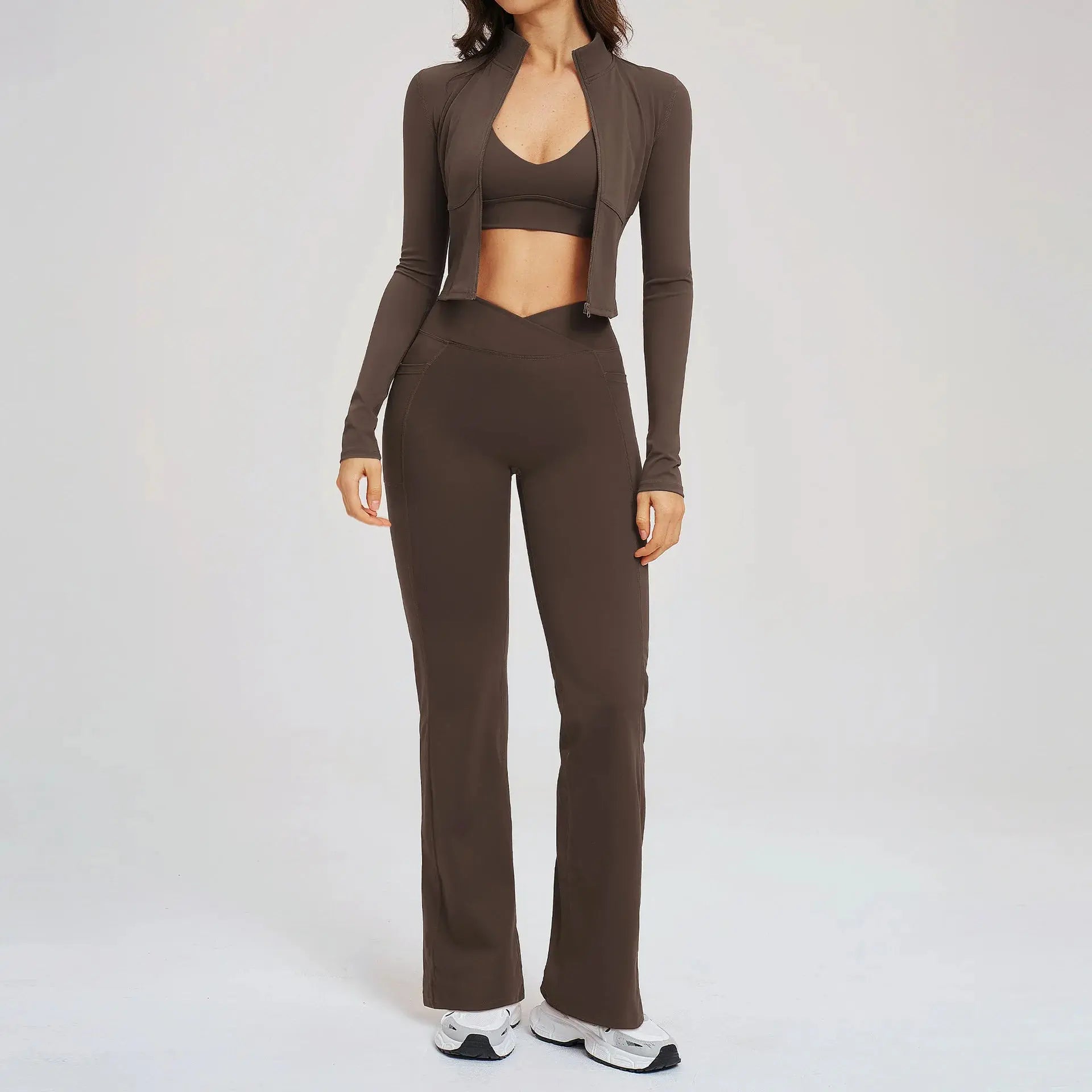 Ensemble Yoga Femme 3 Pièces - Veste Crop Manches Longues et Pantalon Large Taille Haute