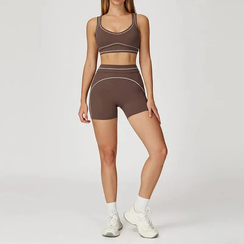 Ensemble de Yoga Brossé avec Coutures Contrastées et Haute Élasticité