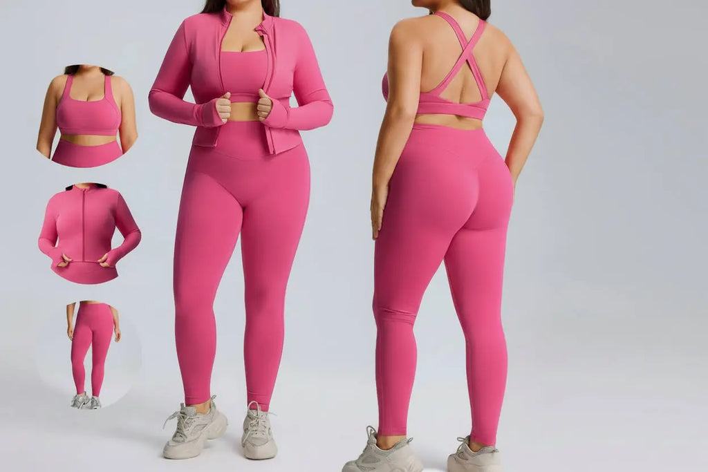 Ensemble Fitness Femme Grande Taille 3 Pièces - Soutien-Gorge, Legging et Veste