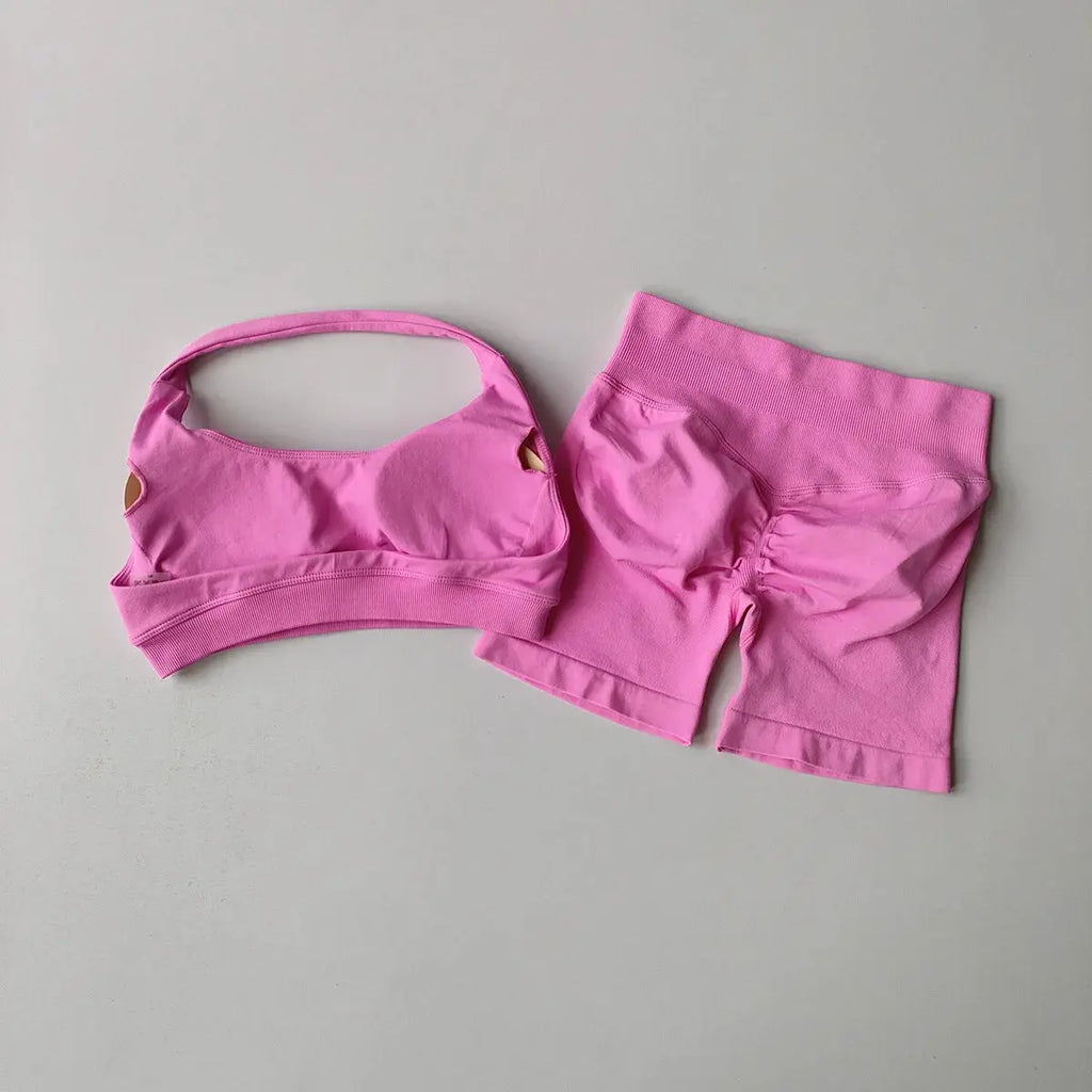 Ensemble Sport Femme 2 Pièces - Soutien-Gorge Col Halter Sans Manches et Short Taille Haute - TZ606