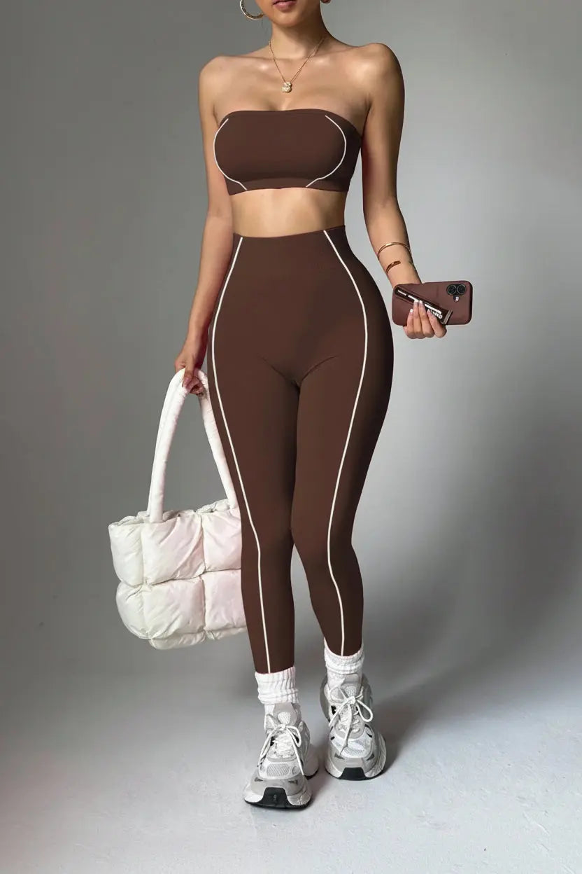 Ensemble Yoga Femme 2 Pièces - Soutien-Gorge Sans Bretelles et Legging Taille Haute