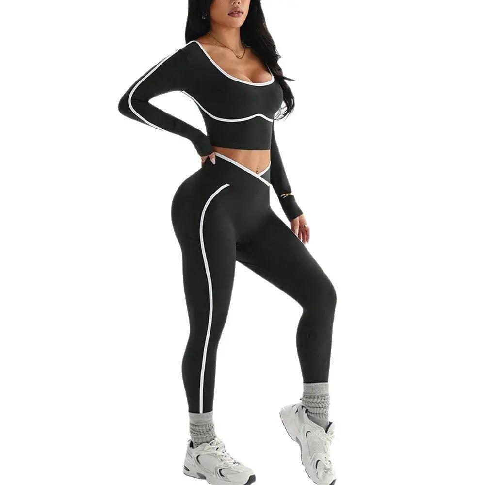 Ensemble Sport Femme 2 Pièces - Haut à Manches Longues Col Halter et Legging Taille Haute Contraste - tz4218