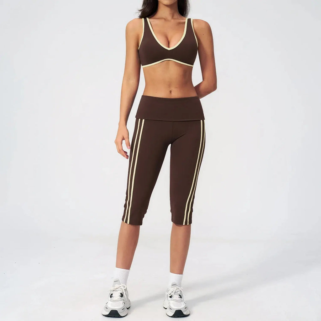 Ensemble Yoga Femme 2 Pièces Taille Haute Bloc Couleur Respirant - TZ3588-2