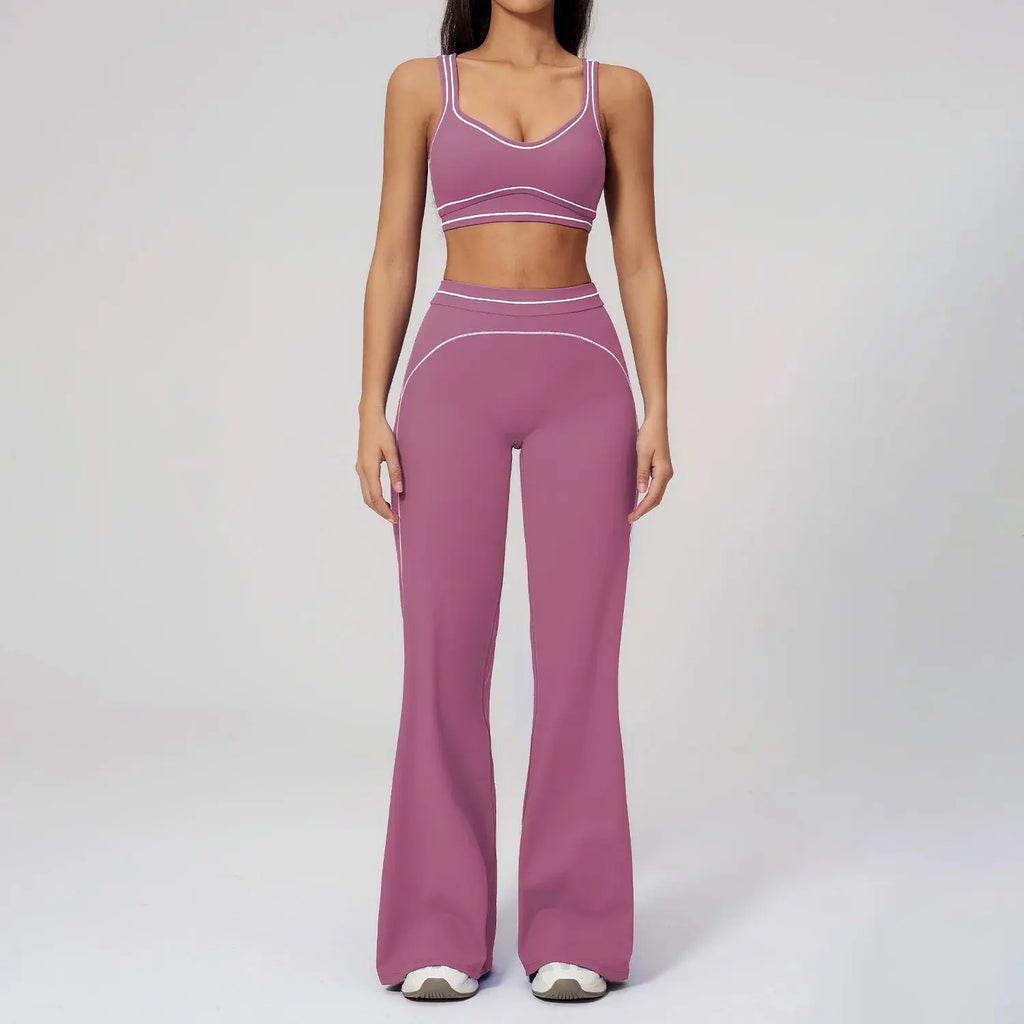 Ensemble Fitness Femme Color Block Sans Manches - Dos Nu et Pantalon Évasé