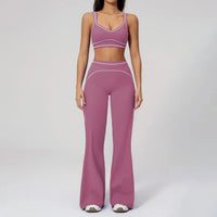 Ensemble Fitness Femme Color Block Sans Manches - Dos Nu et Pantalon Évasé