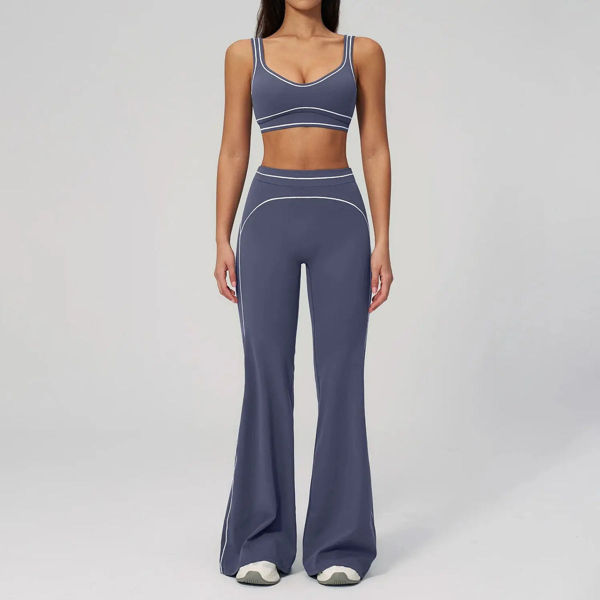 Ensemble Fitness Femme Color Block Sans Manches - Dos Nu et Pantalon Évasé