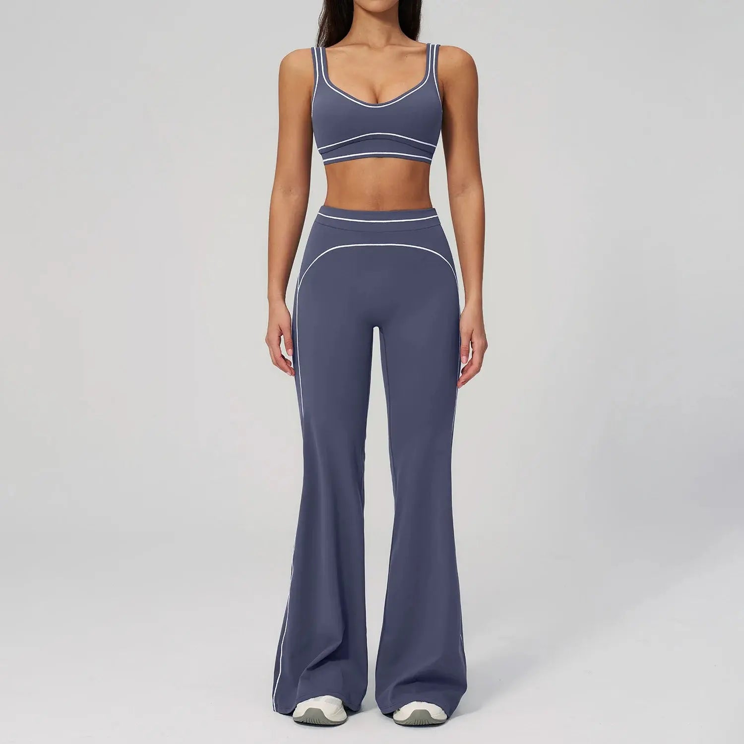 Ensemble Fitness Femme Color Block Sans Manches - Dos Nu et Pantalon Évasé