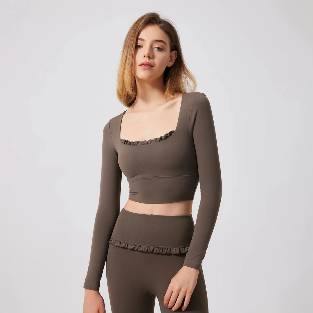 Ensemble de Yoga Femme en Dentelle Col Carré - Top à Manches Longues et Pantalon Évasé