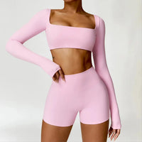 Ensemble Sport Femme 2 Pièces - Soutien-Gorge à Manches Longues et Short Taille Haute - 004