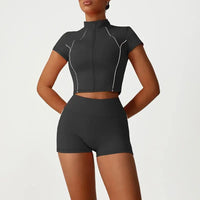 Ensemble de Yoga 2 Pièces avec Zip Court à Blocs de Couleurs pour Femme