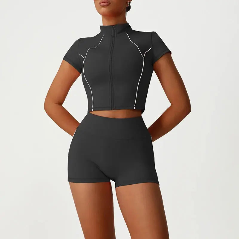 Ensemble de Yoga 2 Pièces avec Zip Court à Blocs de Couleurs pour Femme