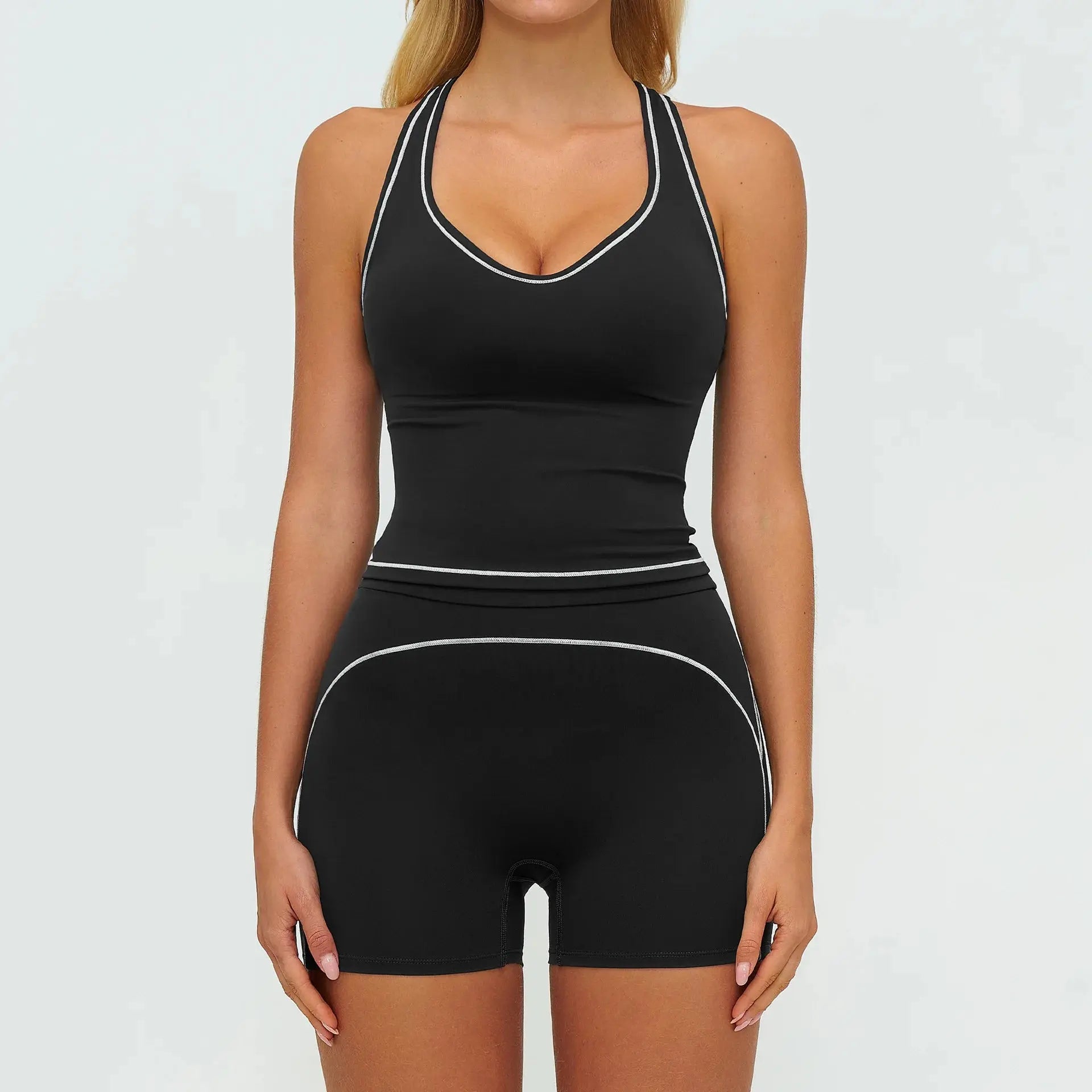 Ensemble Fitness Femme Sans Manches à Rayures Contrastées - Col en V