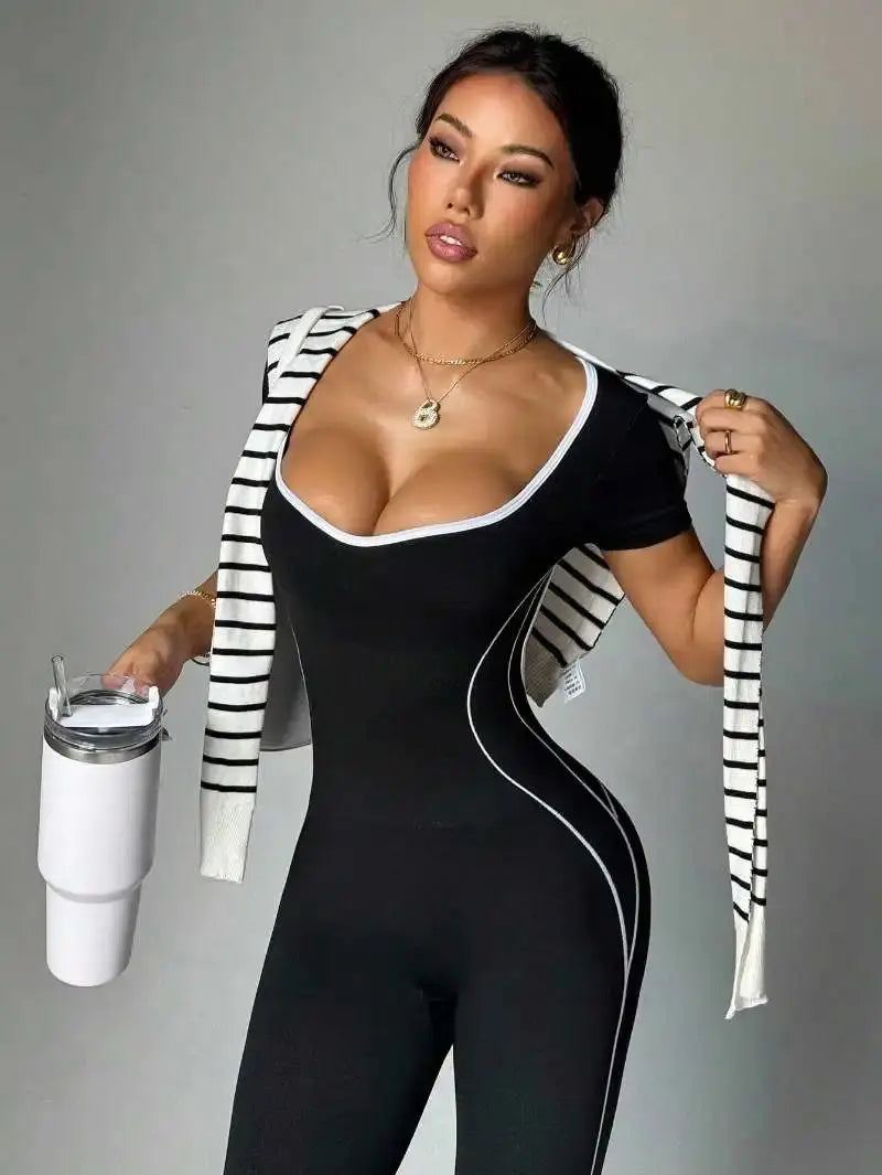 Combinaison Yoga Femme Sans Couture à Dos Nu - Taille Haute et Manches Courtes