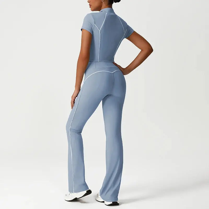 Ensemble de Yoga 2 Pièces avec Zip Court à Blocs de Couleurs pour Femme