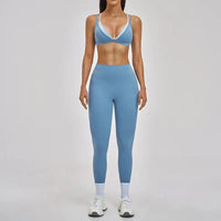 Ensemble Yoga Femme 2 Pièces - Legging Taille Haute et Soutien-Gorge Triangle à Bretelles Doubles Contraste - YST-016