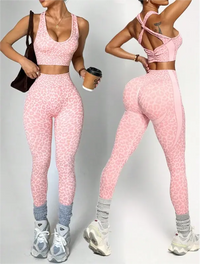 Ensemble Yoga Femme 2 Pièces - Soutien-Gorge Dos Croisé et Legging Imprimé Léopard Sans Couture - 25SOC322