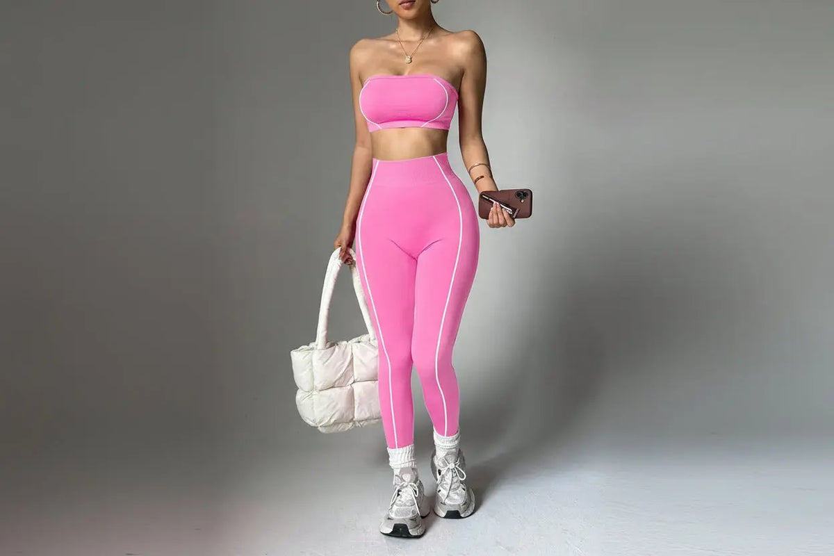 Ensemble Yoga Femme 2 Pièces - Soutien-Gorge Sans Bretelles et Legging Taille Haute