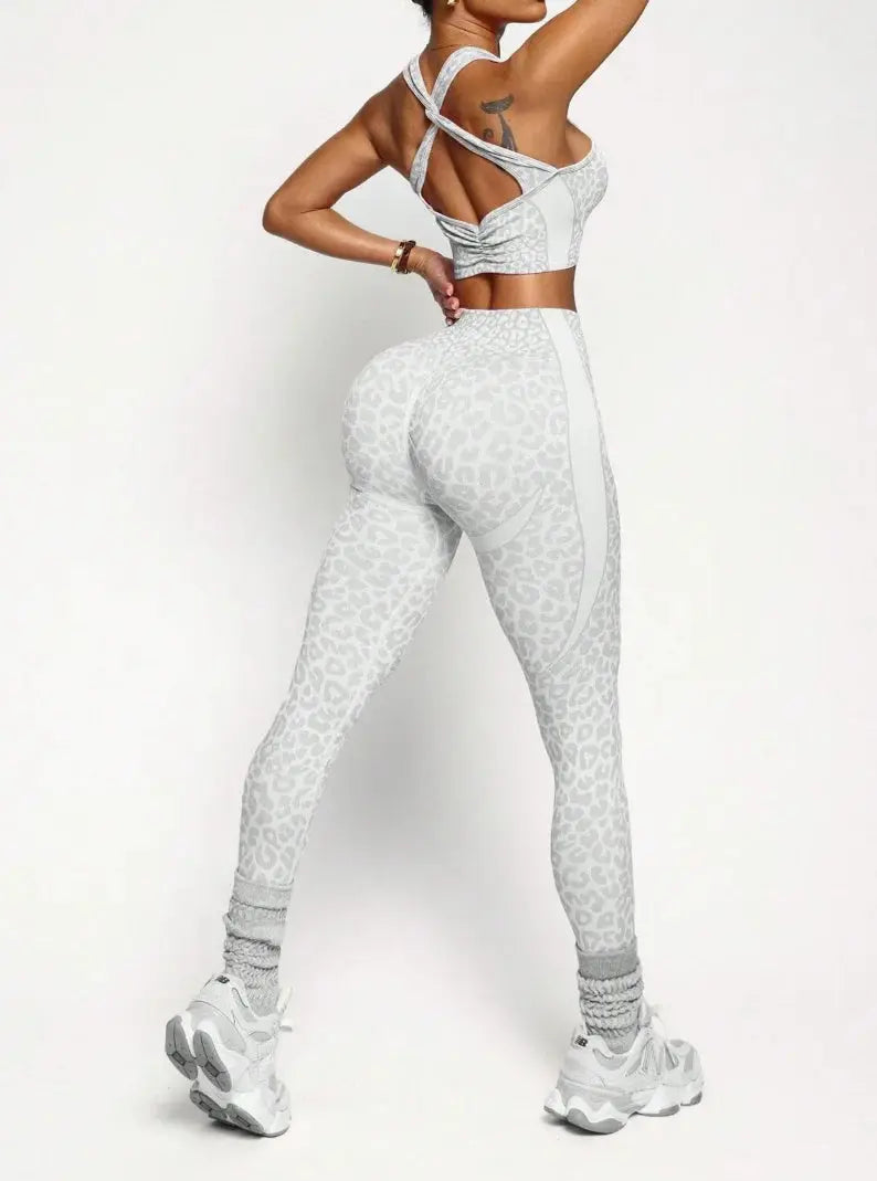 Ensemble Yoga Femme 2 Pièces - Soutien-Gorge Dos Croisé et Legging Imprimé Léopard Sans Couture - 25SOC322