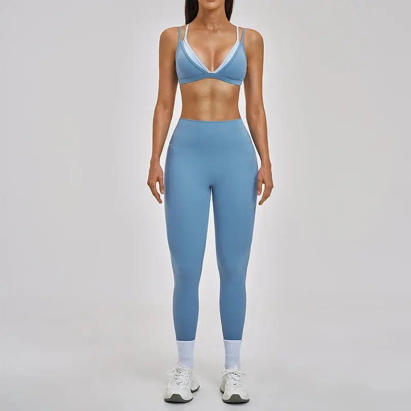 Ensemble Yoga Femme 2 Pièces - Legging Taille Haute et Soutien-Gorge Triangle à Bretelles Doubles Contraste - YST-016