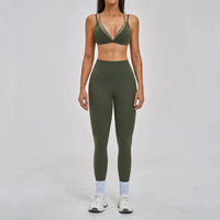 Ensemble Yoga Femme 2 Pièces - Legging Taille Haute et Soutien-Gorge Triangle à Bretelles Doubles Contraste - YST-016
