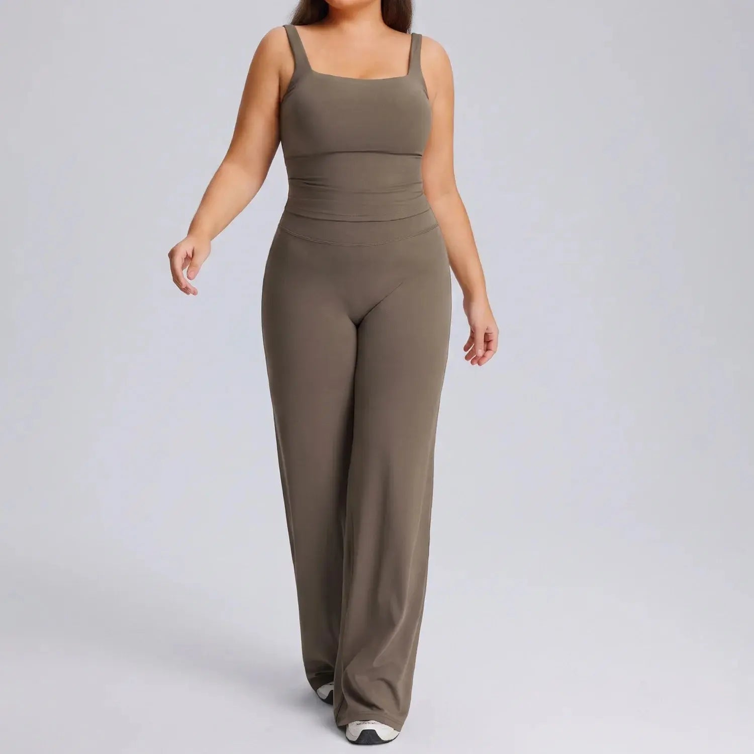 Ensemble Fitness Femme Grande Taille Col Carré - Haut Sans Manches et Pantalon Évasé