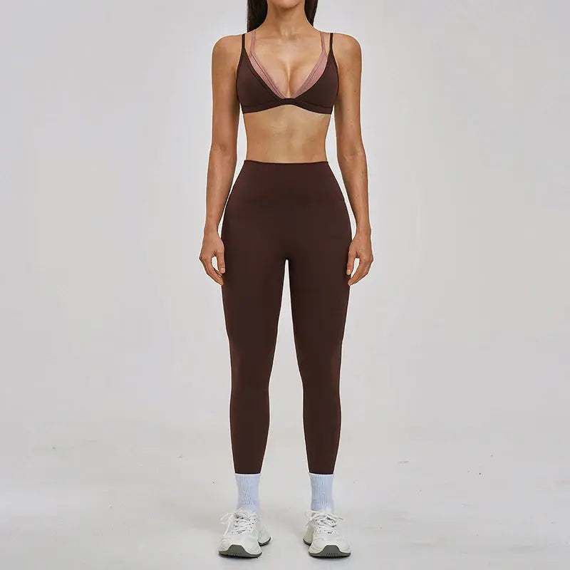 Ensemble Yoga Femme 2 Pièces - Legging Taille Haute et Soutien-Gorge Triangle à Bretelles Doubles Contraste - YST-016