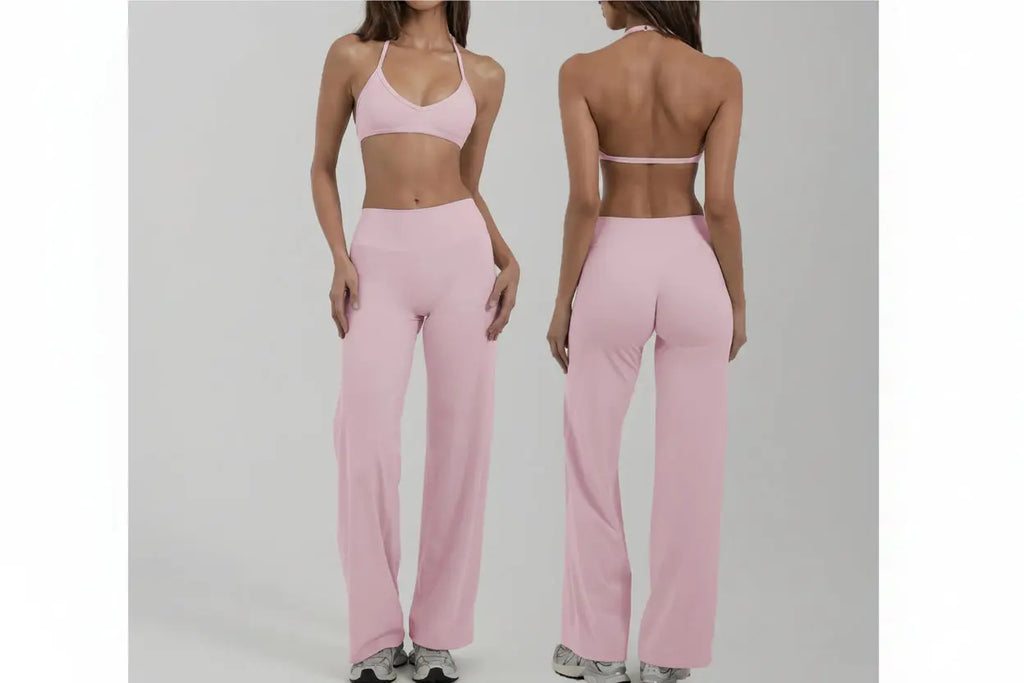 Ensemble Fitness Femme Dos Nu - Soutien-Gorge à Bretelles Licou et Legging Évasé