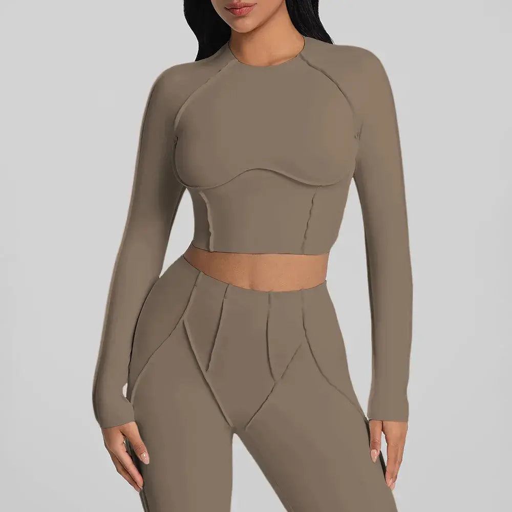 Ensemble Deux Pièces Yoga Femme Automne Manches Longues Pantalon Évasé - YY082